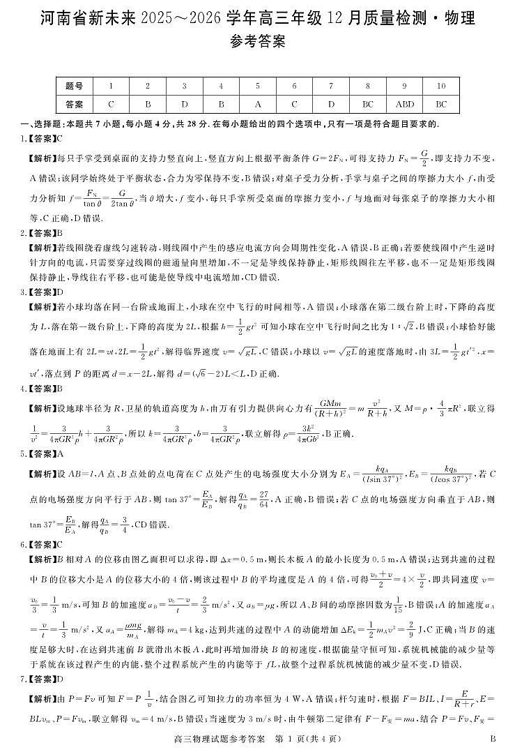 河南省新未来2025～2026学年高三年级12月质量检测物理答案第1页
