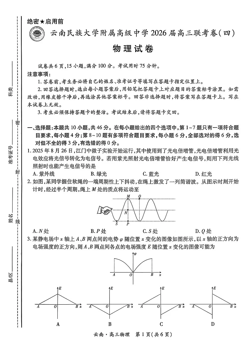 云南民族大学附属高级中学2026届高三联考卷（四）物理+答案第1页