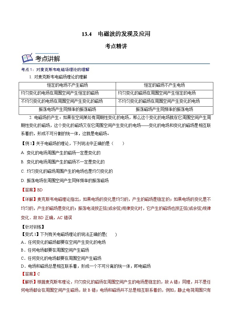 （人教版）必修第三册高二物理同步精讲精练13.4  电磁波的发现及应用 （解析版）第1页
