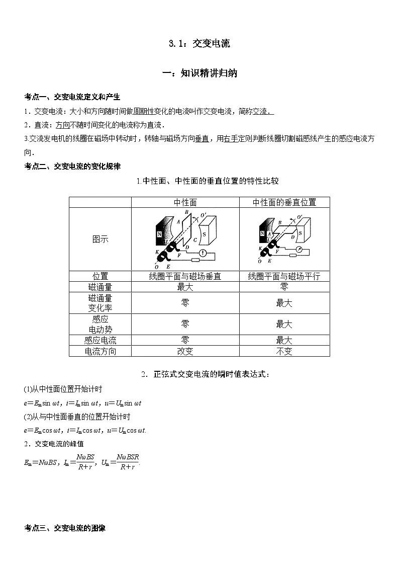 （人教版）选择性必修第二册高二物理同步考点突破精讲精练3.1 交变电流（含答案解析）第1页