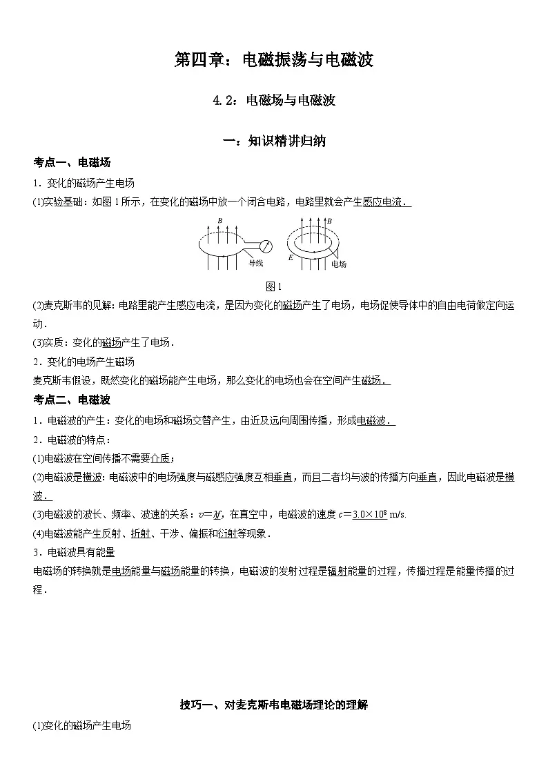 （人教版）选择性必修第二册高二物理同步考点突破精讲精练4.2 电磁场与电磁波（含答案解析）第1页