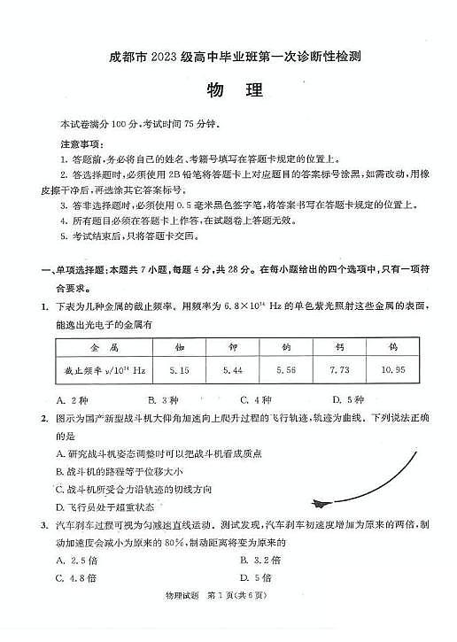 2026届成都高考一诊物理试题+答案第1页