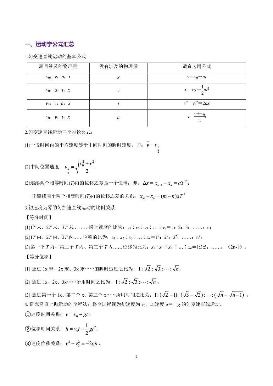 高考物理第二轮复习高频常考核心必背公式知识点汇总第2页
