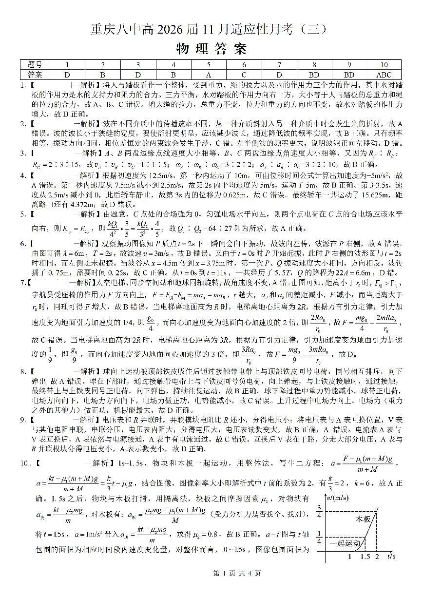 重庆市第八中学2026届高考适应性月考卷（三）物理答案第1页