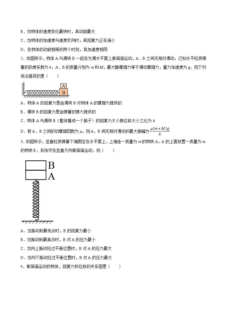 （人教版）选择性必修第一册高二物理同步课后培优练习2.3简谐运动的回复力和能量（原卷版）第2页