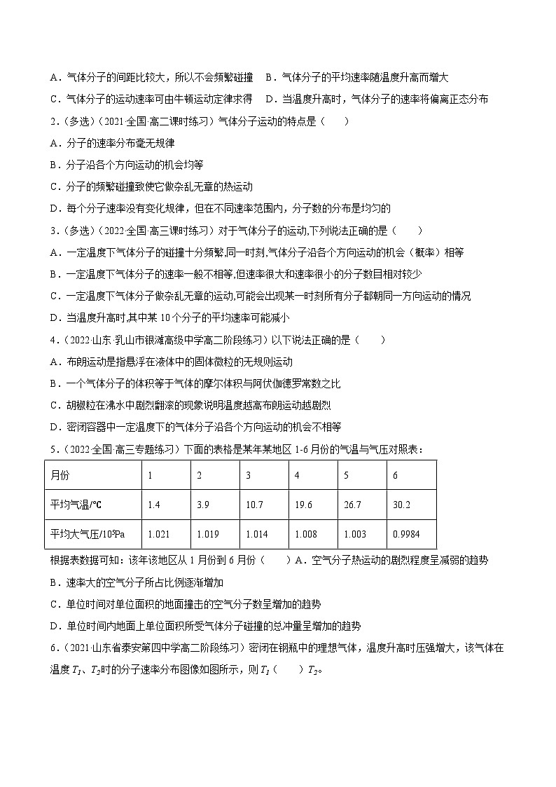 （人教版）选择性必修第三册高二物理同步课后培优练习1.3分子运动速率分布规律（原卷版）第2页