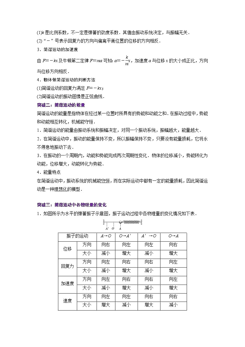（人教版）选择性必修第一册高二物理同步学案2.3简谐运动的回复力和能量（原卷版）第2页
