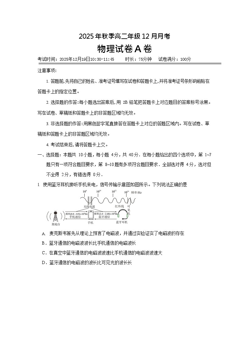 湖北省重点高中智学联盟2025-2026学年高二上学期12月月考物理试题第1页