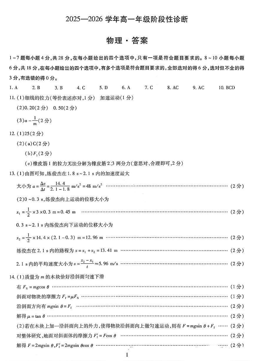 物理答案-2025-2026学年河南天一大联考高一年级12月阶段性诊断第1页