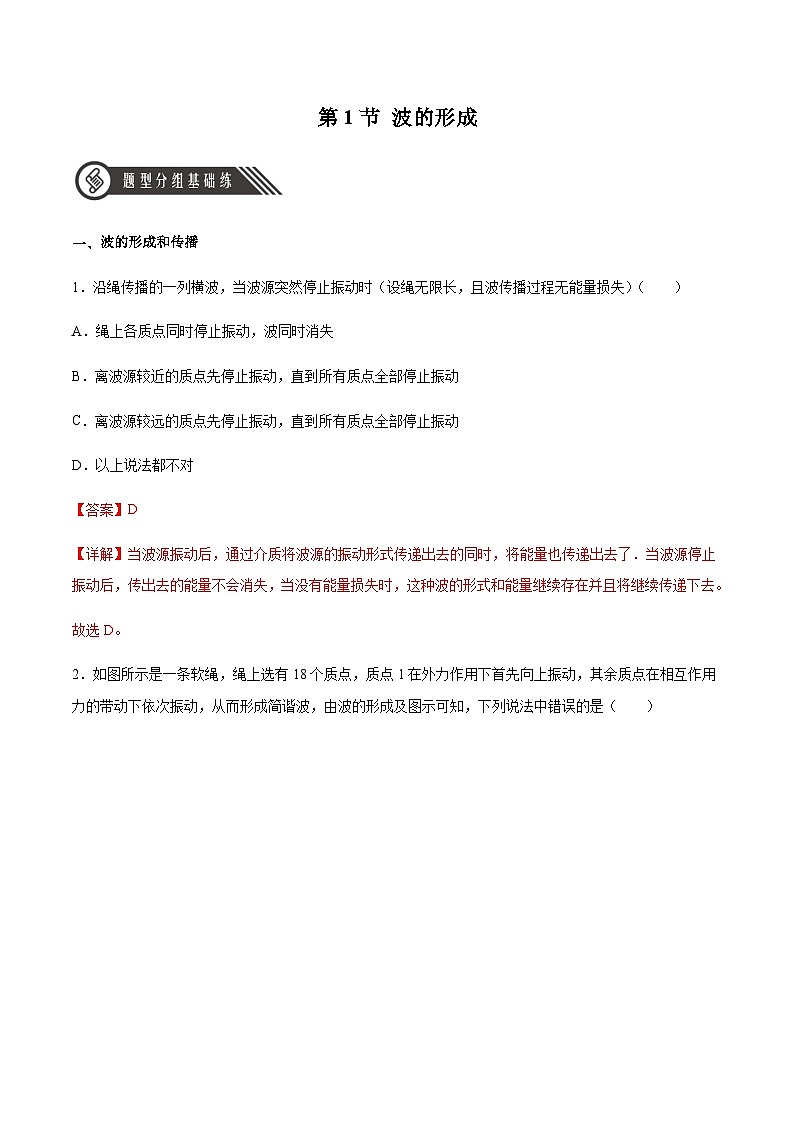 （人教版）选择性必修第一册高二物理同步分层练习3.1 波的形成（解析版）第1页