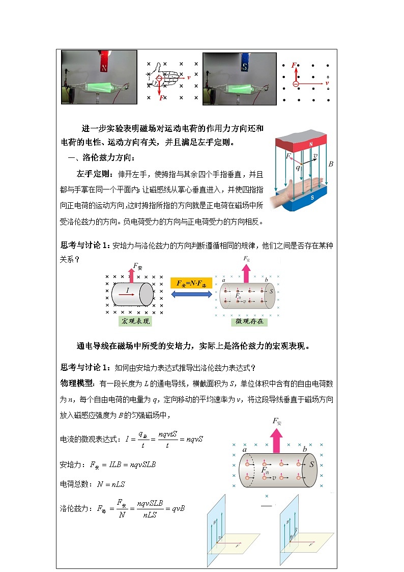 人教版高中物理选修第二册1.2.磁场对运动电荷的作用力表格式教案第2页