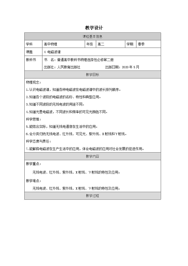 人教版高中物理选修第二册4.4.《电磁波谱》表格式教案第1页