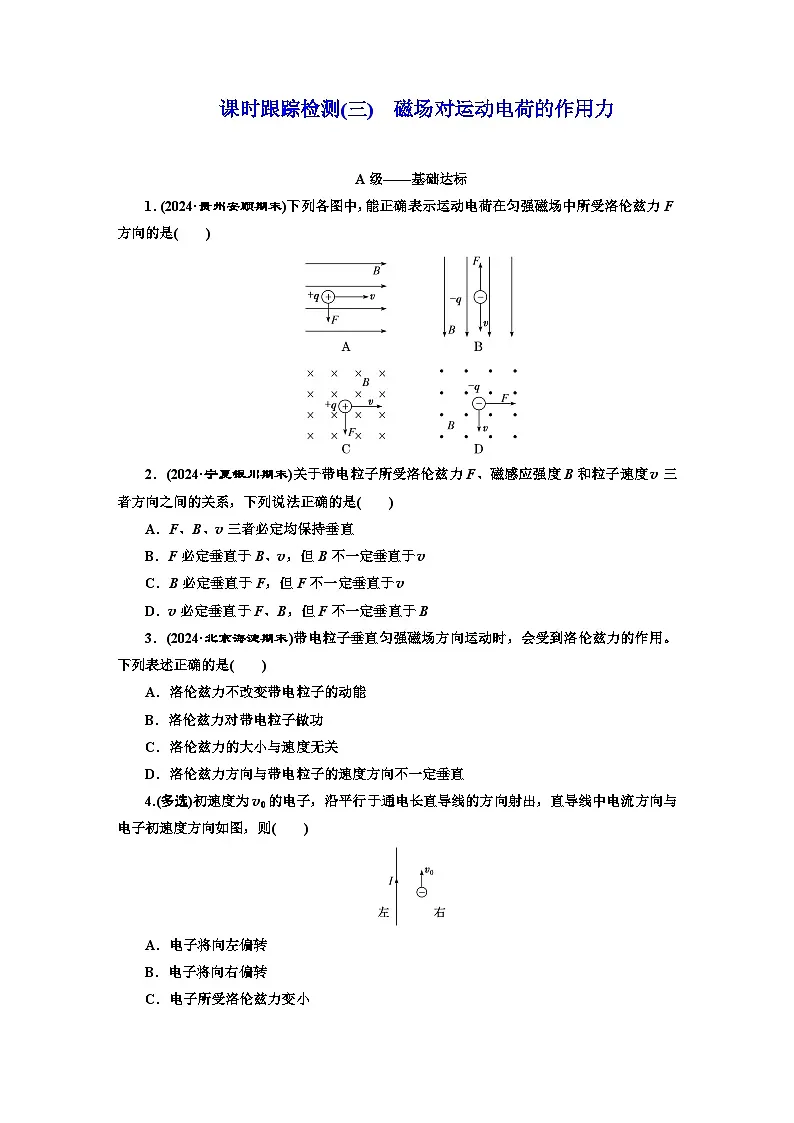 高二物理（人教版选择性必修二）试题课时跟踪检测（3）磁场对运动电荷的作用力（Word版附解析）第1页