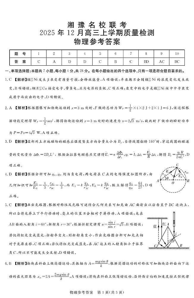 湘豫名校联考2025-2026学年高三上学期12月月考物理答案第1页