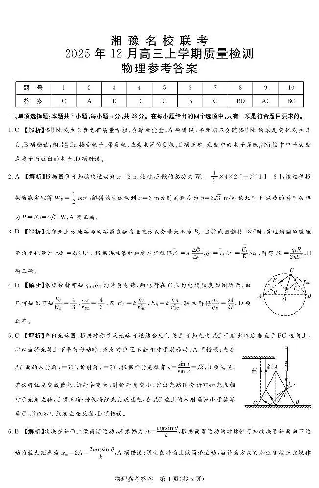 湘豫名校联考2025-2026学年高三上学期12月月考物理答案第1页