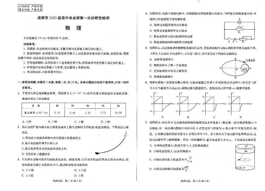 成都市2023级高中毕业班第一次诊断性检测物理第1页