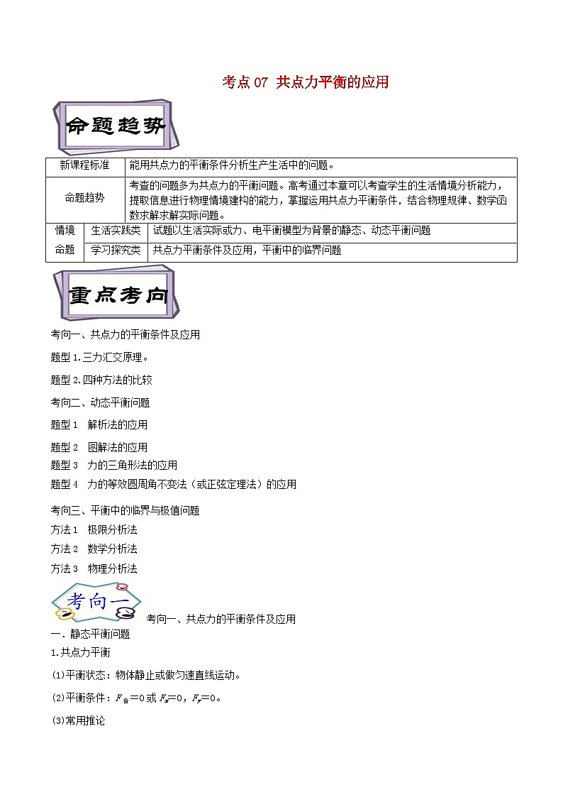 高考物理一轮复习考点分类训练2.3共点力平衡-（原卷版）第1页