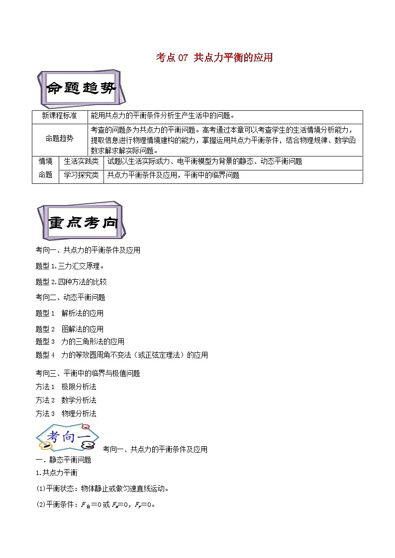 高考物理一轮复习考点分类训练2.3共点力平衡-（解析版）第1页