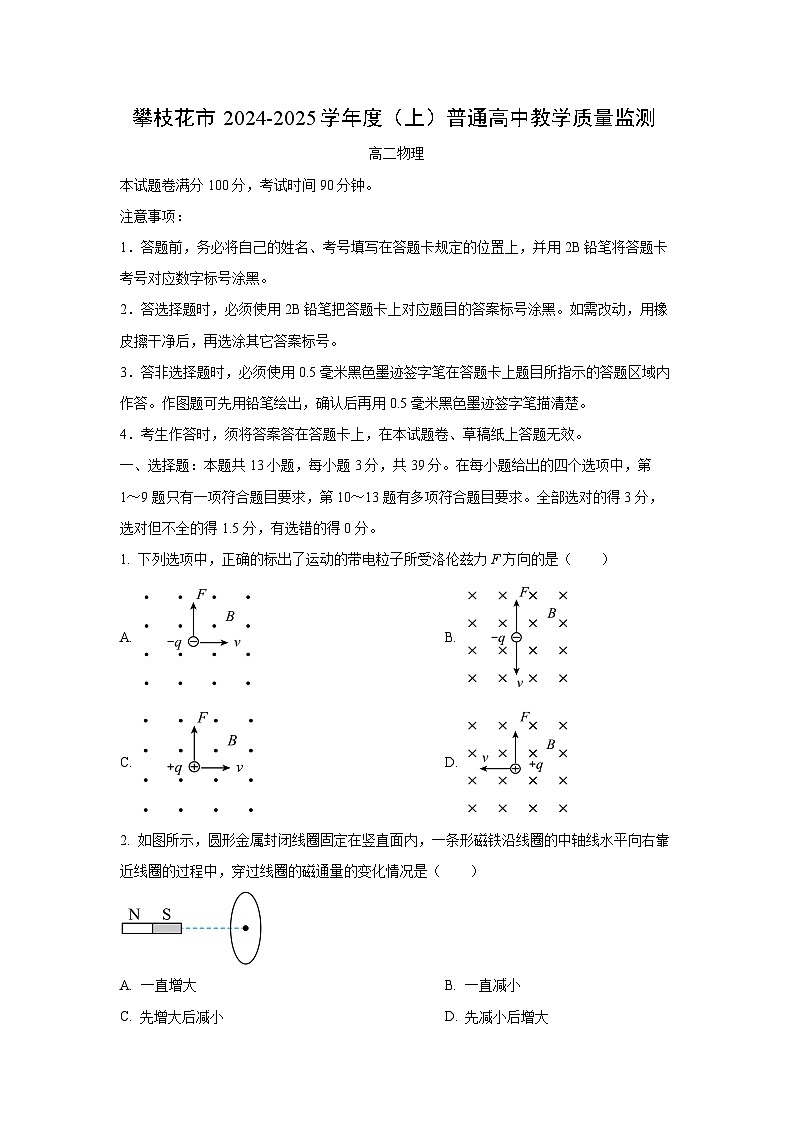 四川省攀枝花市2024-2025学年高二上学期1月期末物理试卷（学生版）第1页