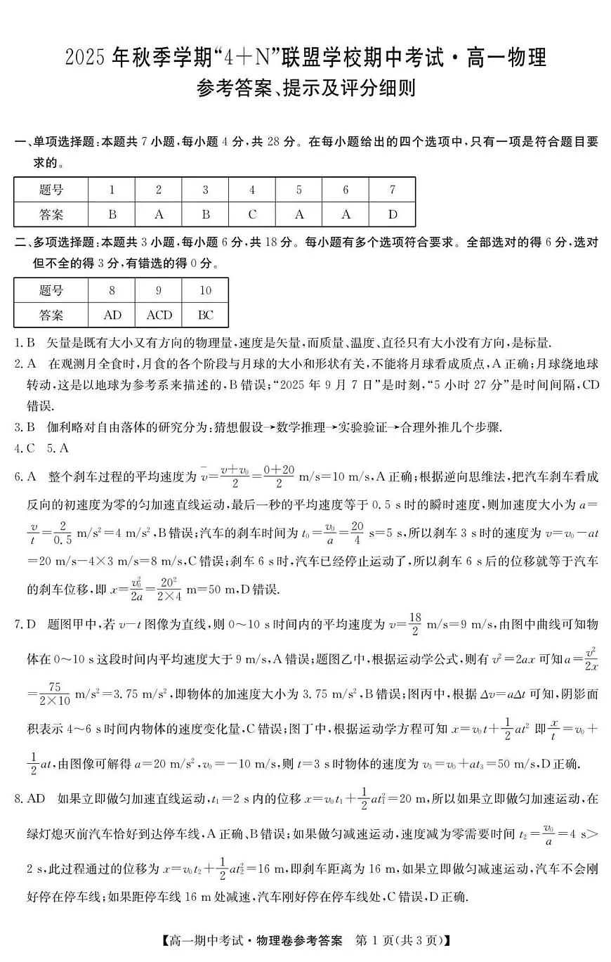 南宁4+N联盟2025秋季期中高一物理答案第1页