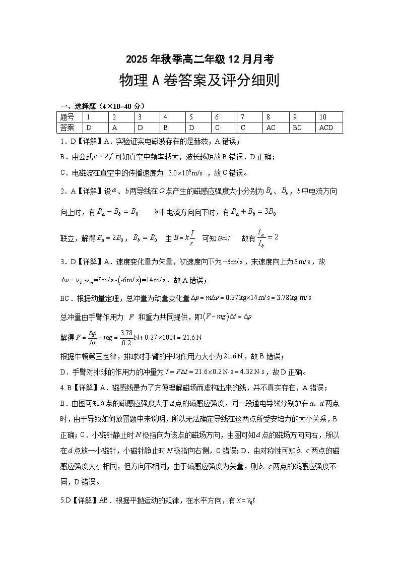 2025年高二年级12月月考物理A卷答案第1页