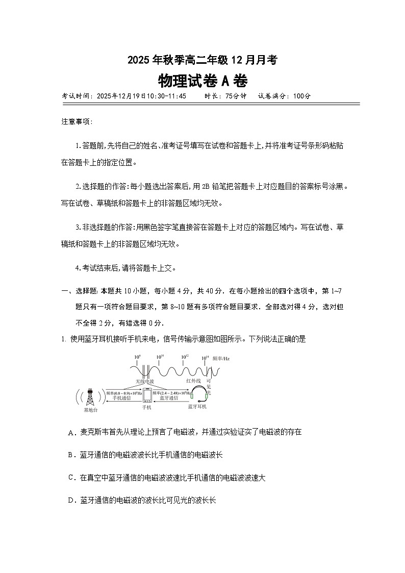 2025年高二年级12月月考物理A卷第1页