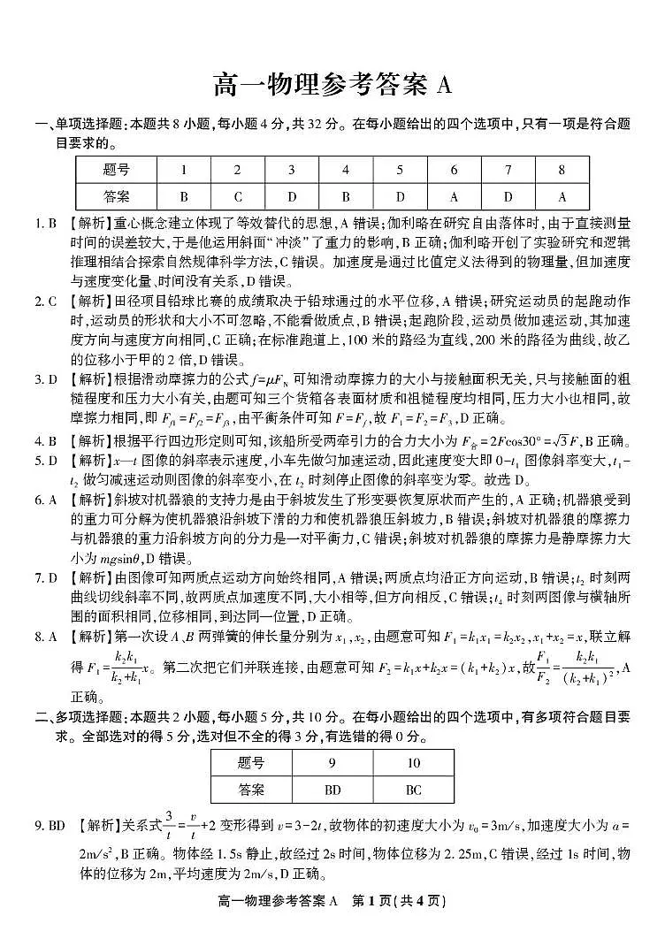 安徽皖江名校联盟2025-2026学年高一上学期12月联考物理答案第1页