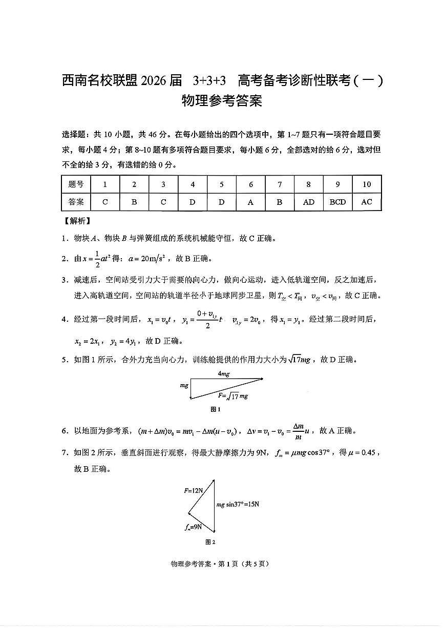 物理试卷答案-西南名校联盟2026届“3+3+3”高考备考诊断性联考（一）第1页