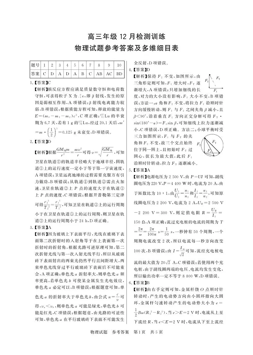 T8联考2026届高三年级12月检测训练物理(湖北)答案第1页