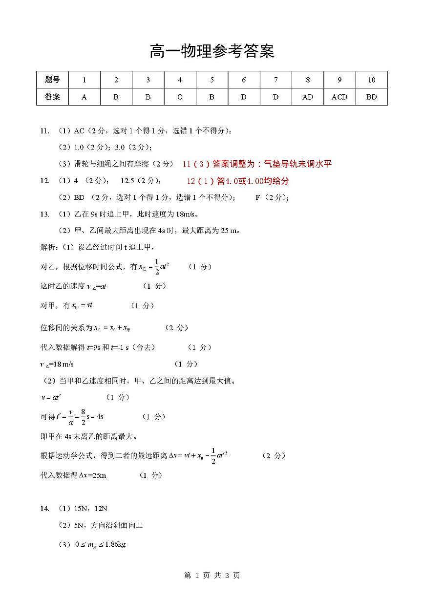 湖北楚天教科研协作体2025-2026学年高一上学期12月联考物理试卷答案第1页