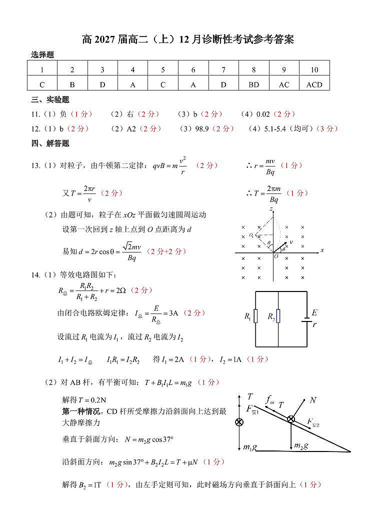 重庆育才中学校高2026届高二上12月诊断性考试物理答案第1页