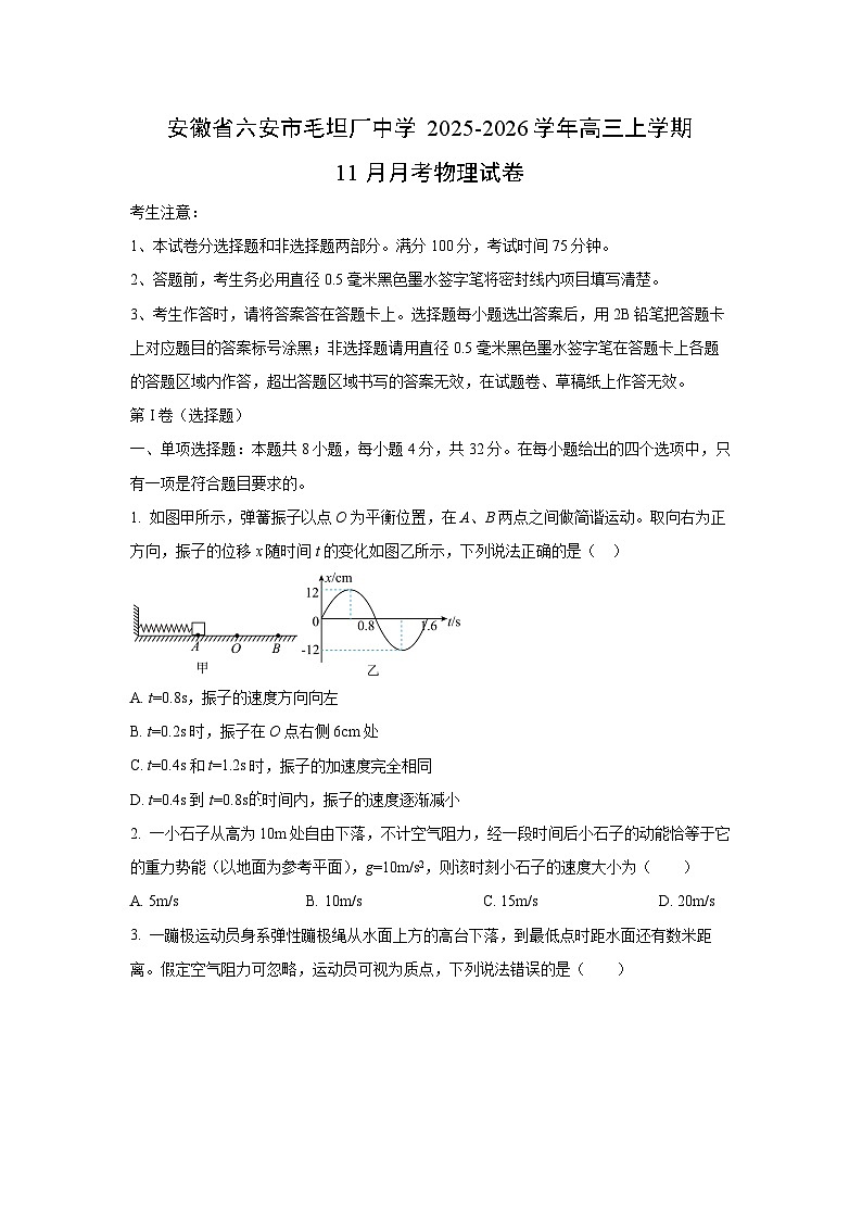 2025-2026学年安徽省六安市毛坦厂中学高三上学期11月月考物理试卷（学生版）第1页