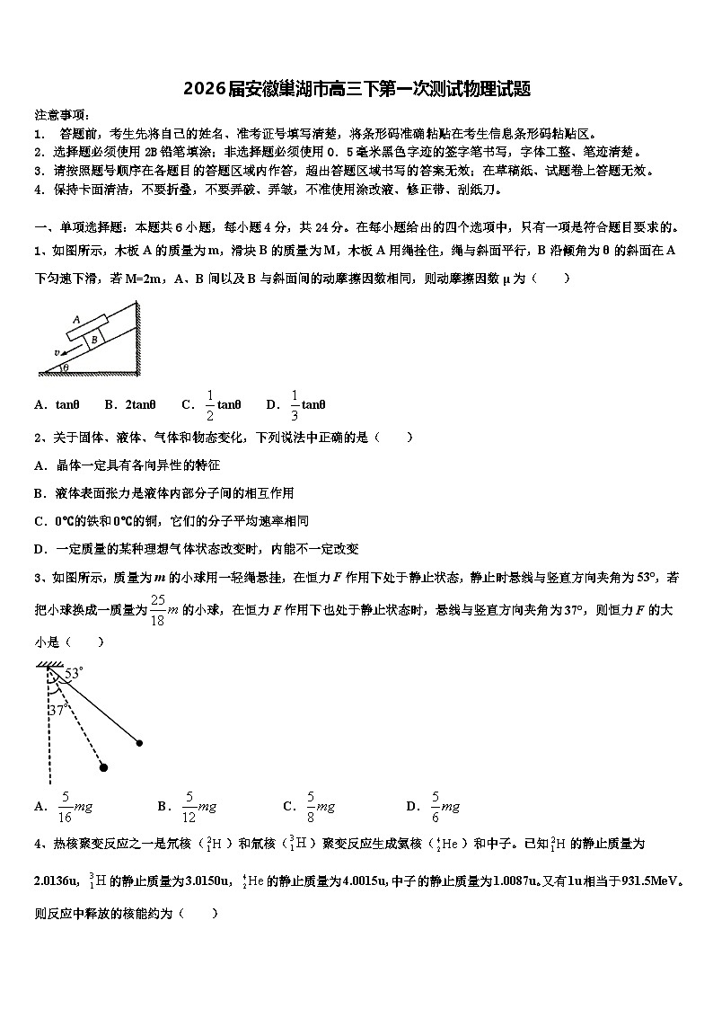 2026届安徽巢湖市高三下第一次测试物理试题含解析第1页