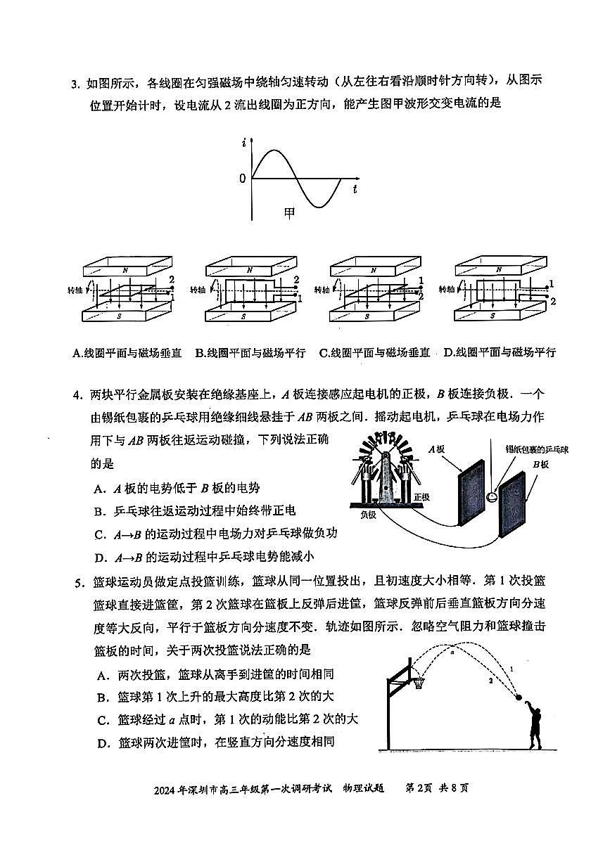 2024年2月深圳市高三一模物理试卷含答案第2页