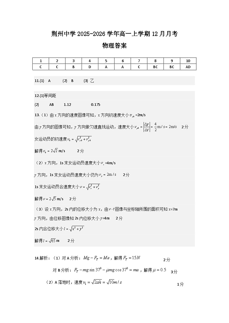 湖北省荆州中学2025-2026学年高一上学期12月月考物理试卷答案第1页