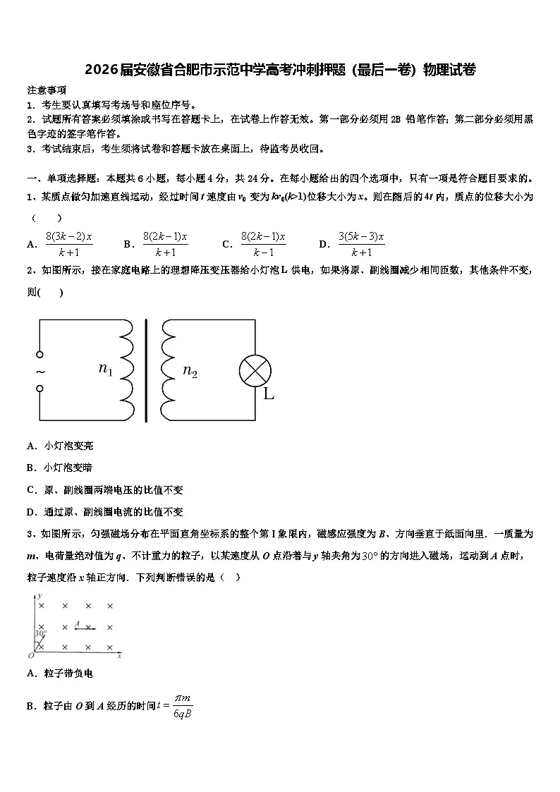 2026届安徽省合肥市示范中学高考冲刺押题（最后一卷）物理试卷含解析第1页