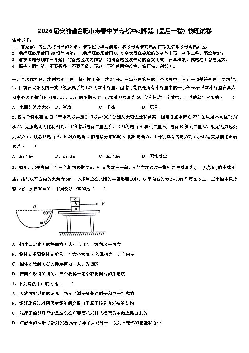 2026届安徽省合肥市寿春中学高考冲刺押题（最后一卷）物理试卷含解析第1页