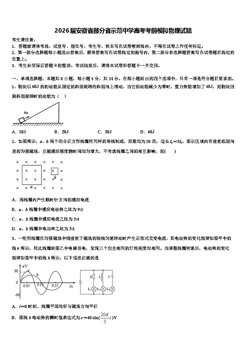 2026届安徽省部分省示范中学高考考前模拟物理试题含解析第1页