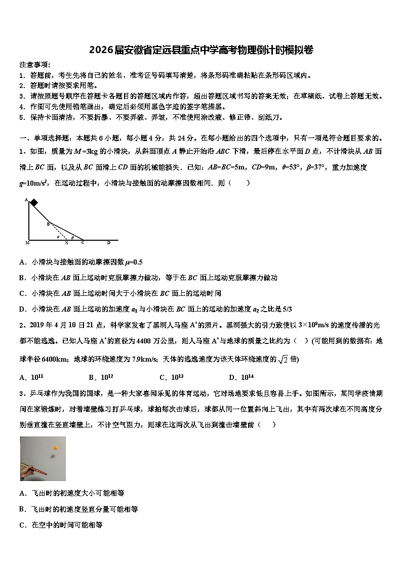 2026届安徽省定远县重点中学高考物理倒计时模拟卷含解析第1页