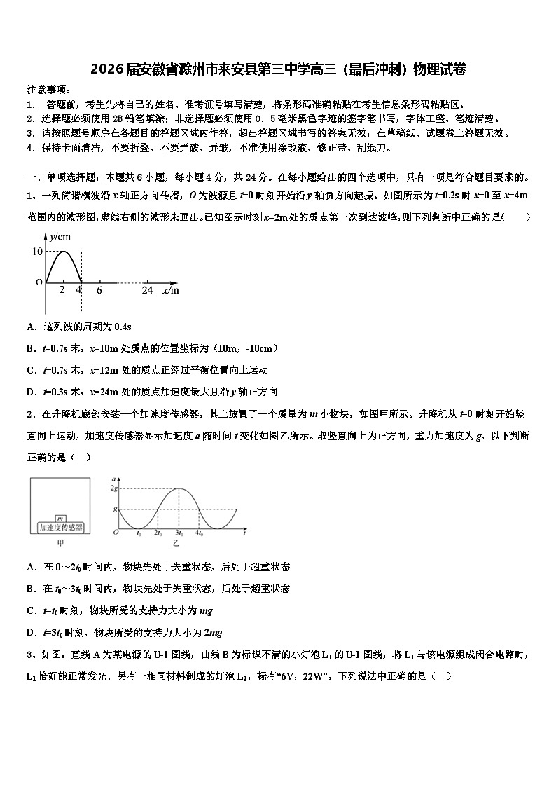2026届安徽省滁州市来安县第三中学高三（最后冲刺）物理试卷含解析第1页