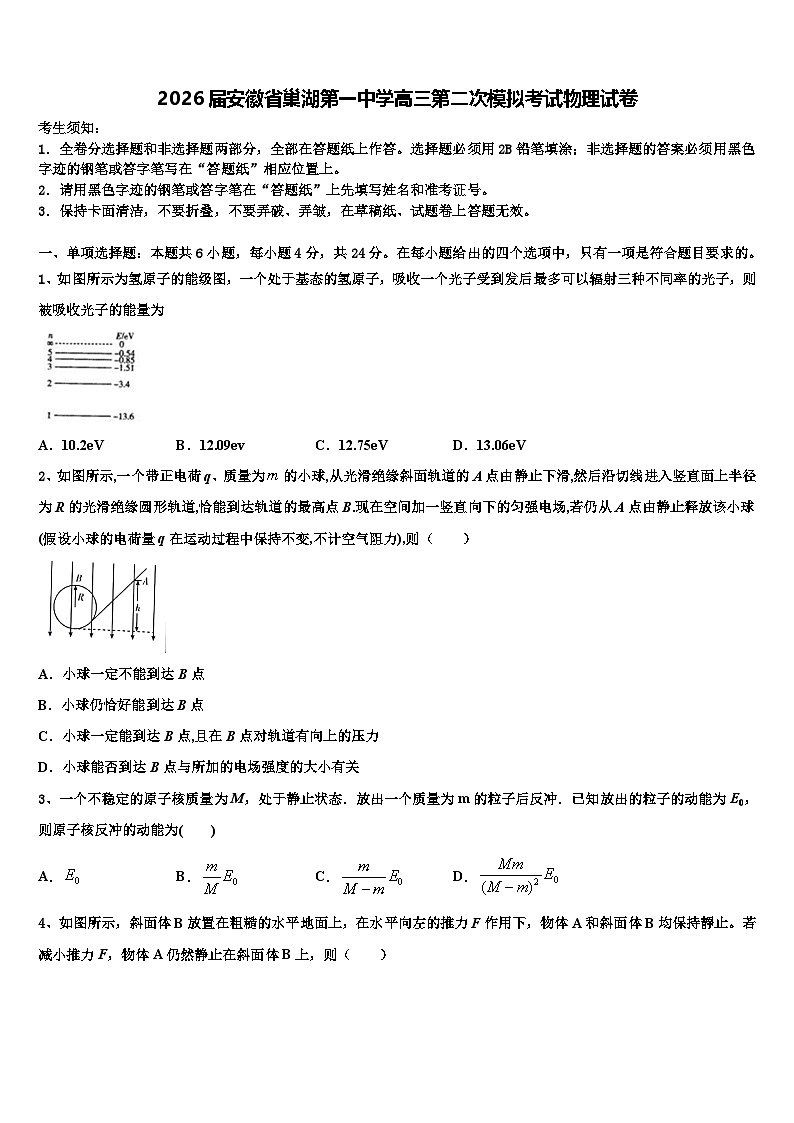 2026届安徽省巢湖第一中学高三第二次模拟考试物理试卷含解析第1页