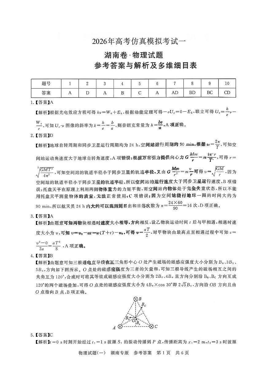 2026届湖南八省八校高三上学期高考仿真模拟考试（一模）物理答案第1页