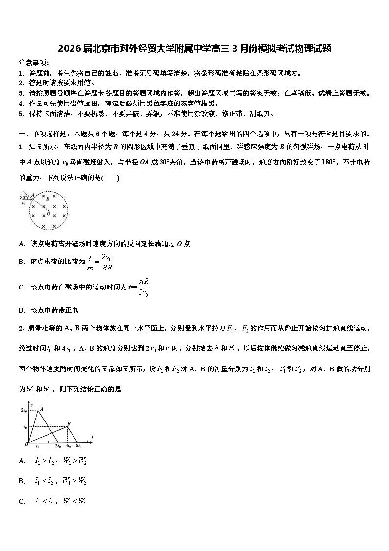 2026届北京市对外经贸大学附属中学高三3月份模拟考试物理试题含解析第1页