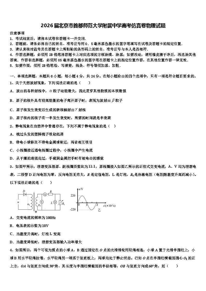 2026届北京市首都师范大学附属中学高考仿真卷物理试题含解析第1页