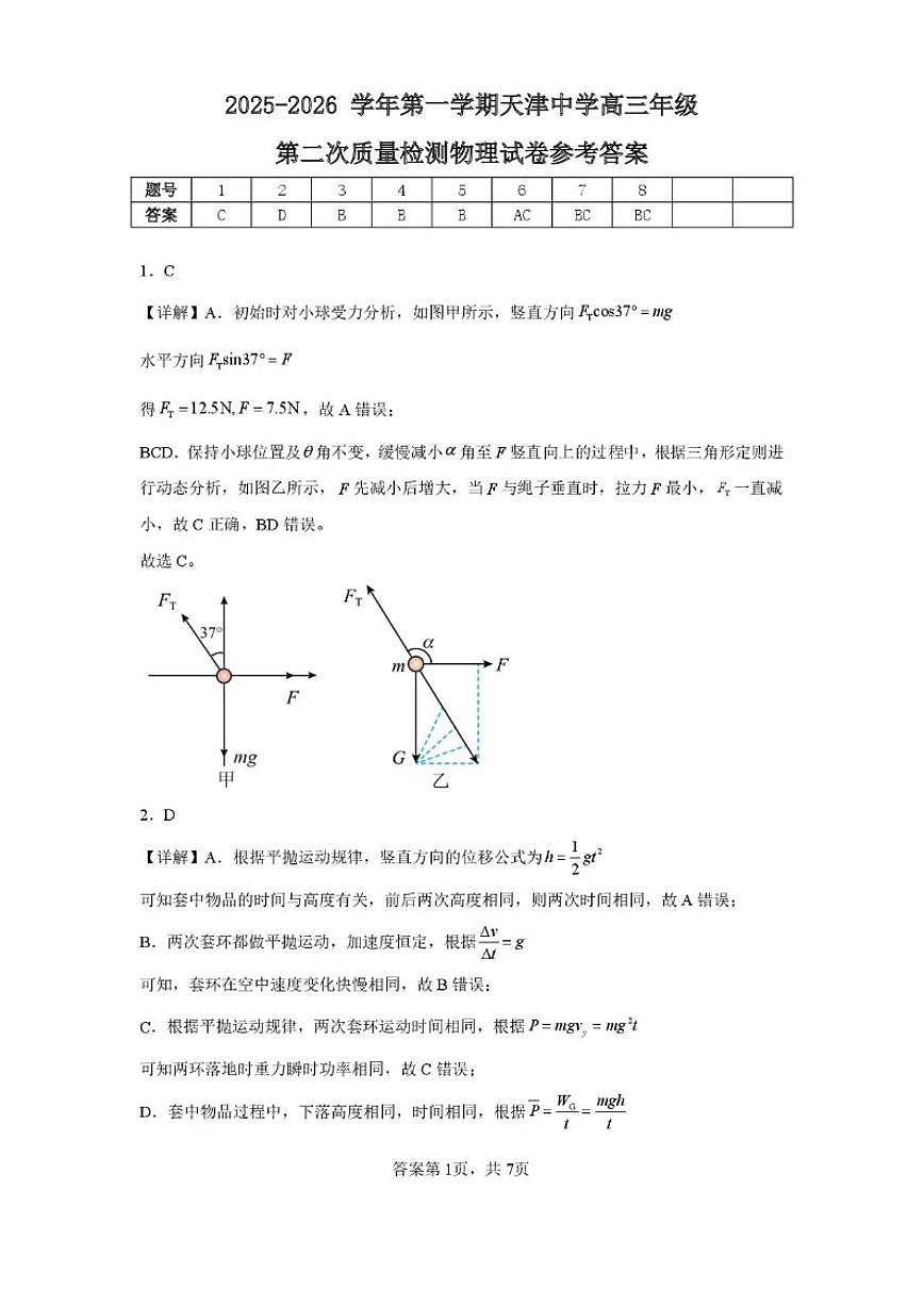 2025-2026学年天津市天津中学高三上学期12月月考物理试题(有解析）第1页