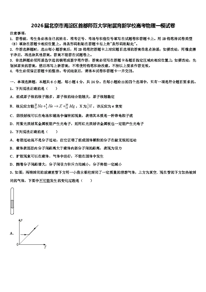 2026届北京市海淀区首都师范大学附属育新学校高考物理一模试卷含解析第1页