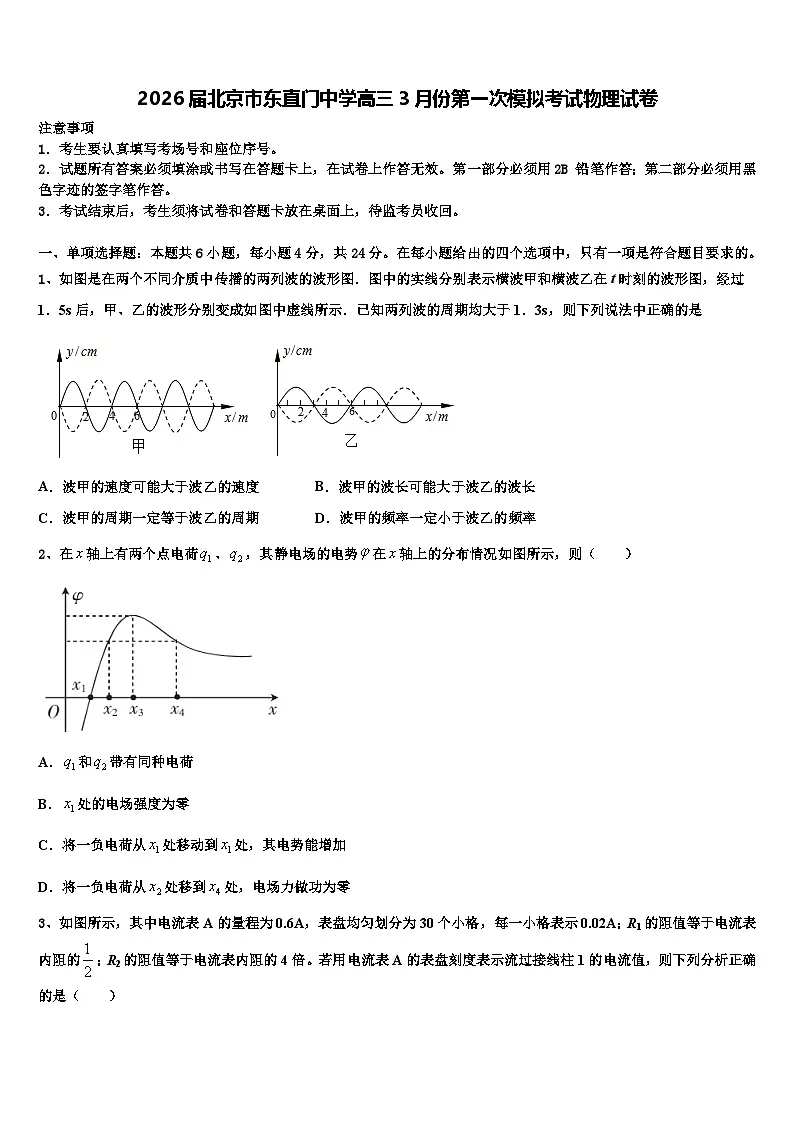 2026届北京市东直门中学高三3月份第一次模拟考试物理试卷含解析第1页