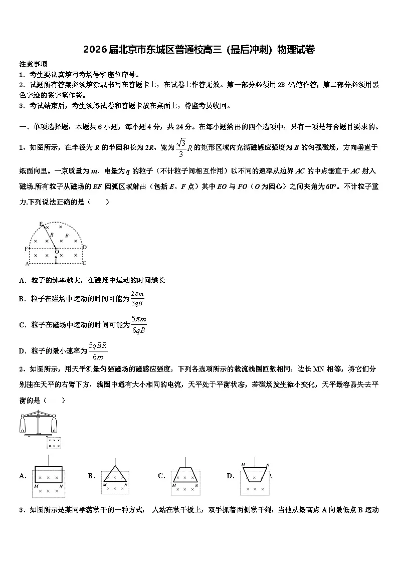 2026届北京市东城区普通校高三（最后冲刺）物理试卷含解析第1页