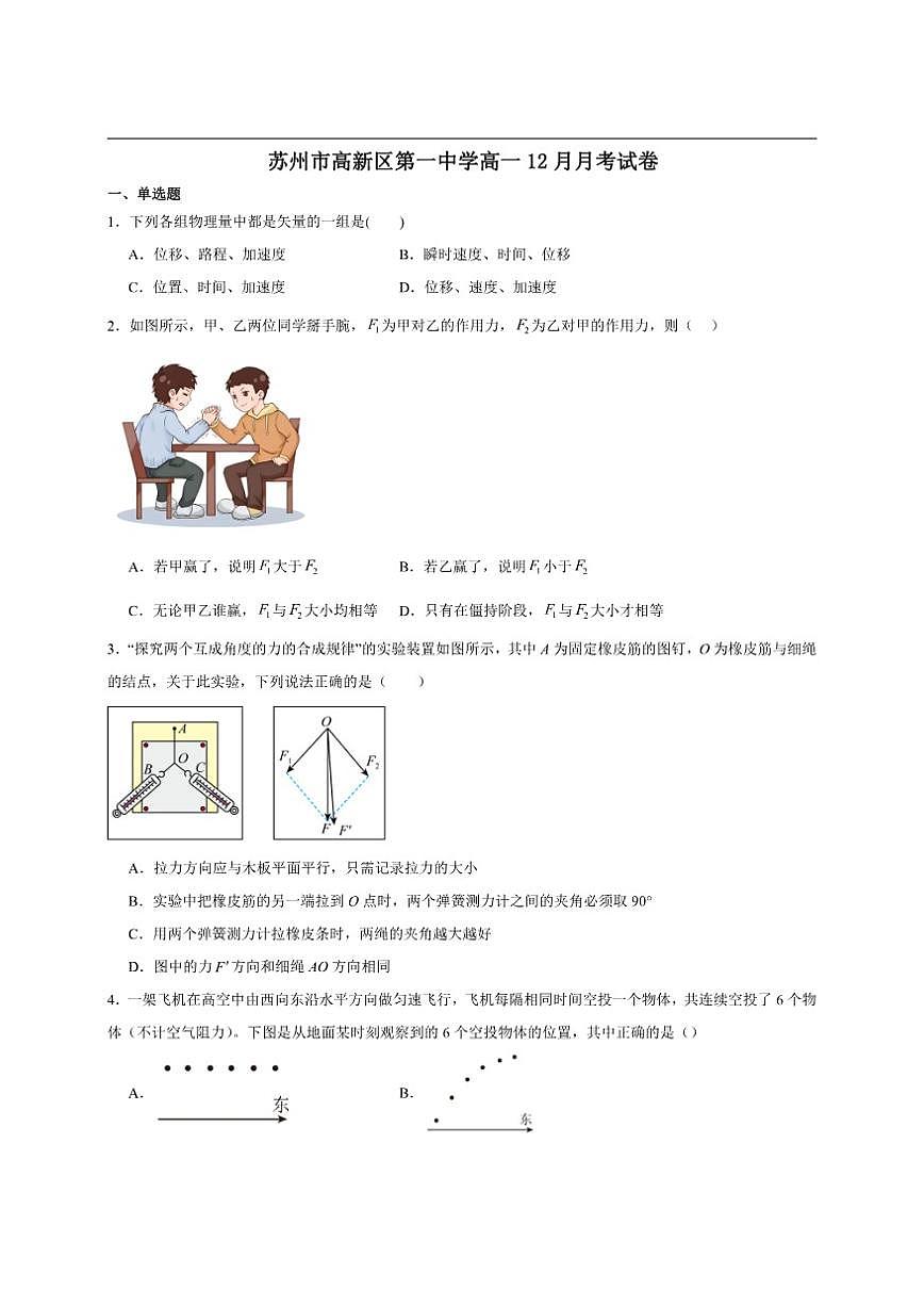 2025-2026学年江苏省苏州市高新区第一中学高一上学期12月月考物理试卷（有解析）第1页