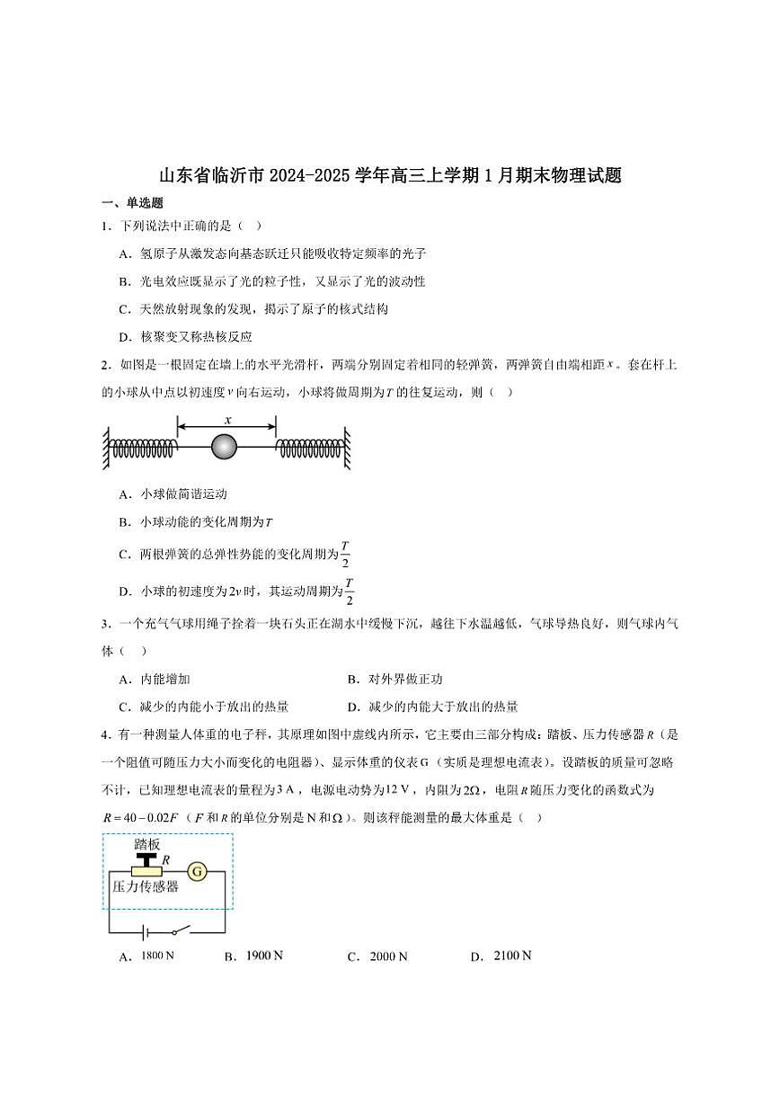 2025届山东省临沂市高三上学期期末学科素养水平监测物理试卷（有解析）第1页